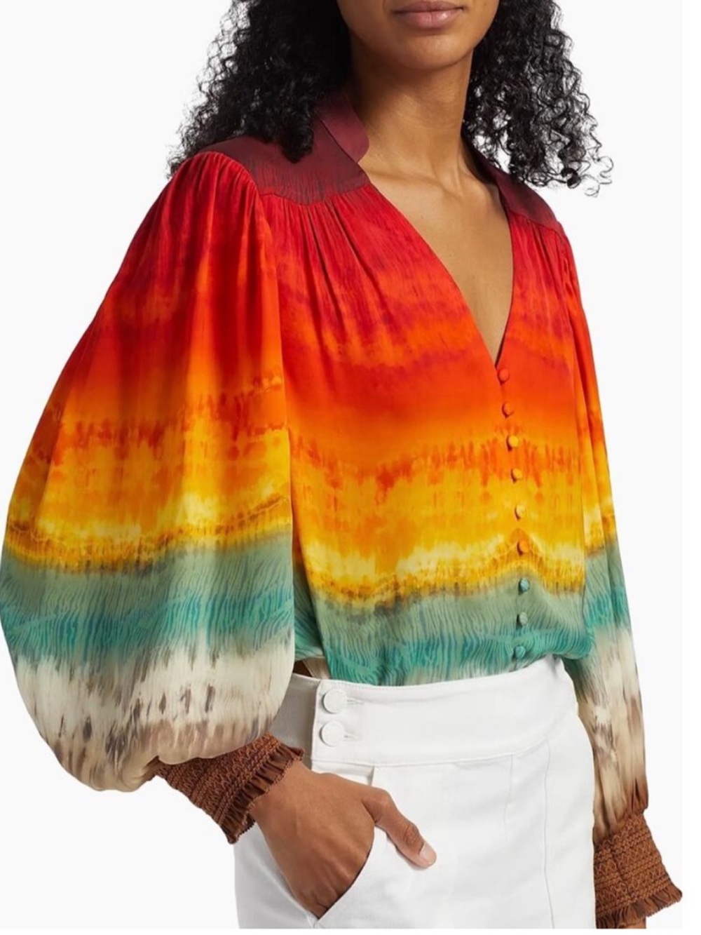 NWT Alice + Olivia Serena Rainbow Tie dye Peasant Top Blouson Boho Colorful Sz L - Picture 5 of 14